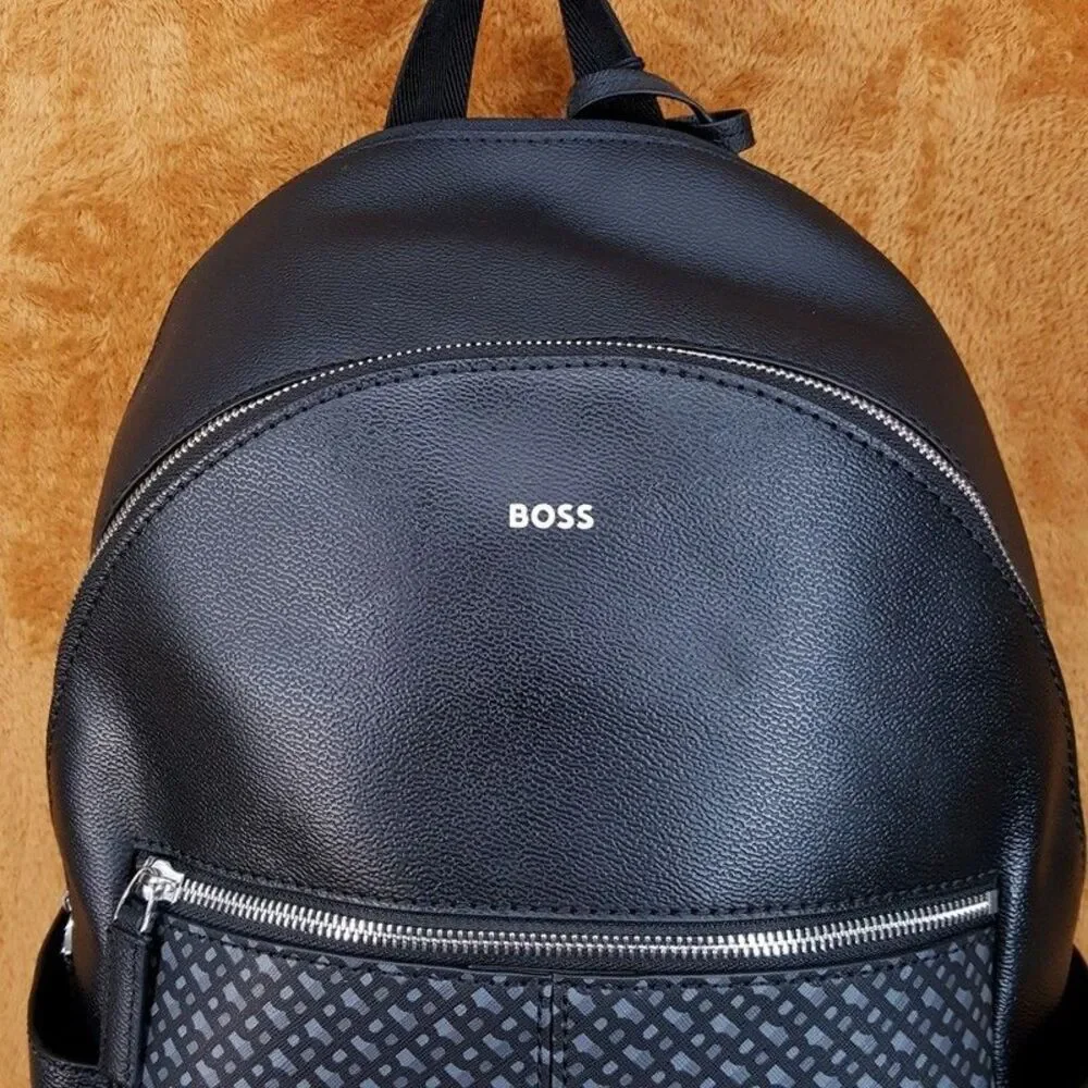 HUGO BOSS Mens Backpack Black Regenerated Leather Monogram Front Pocket ZAIR